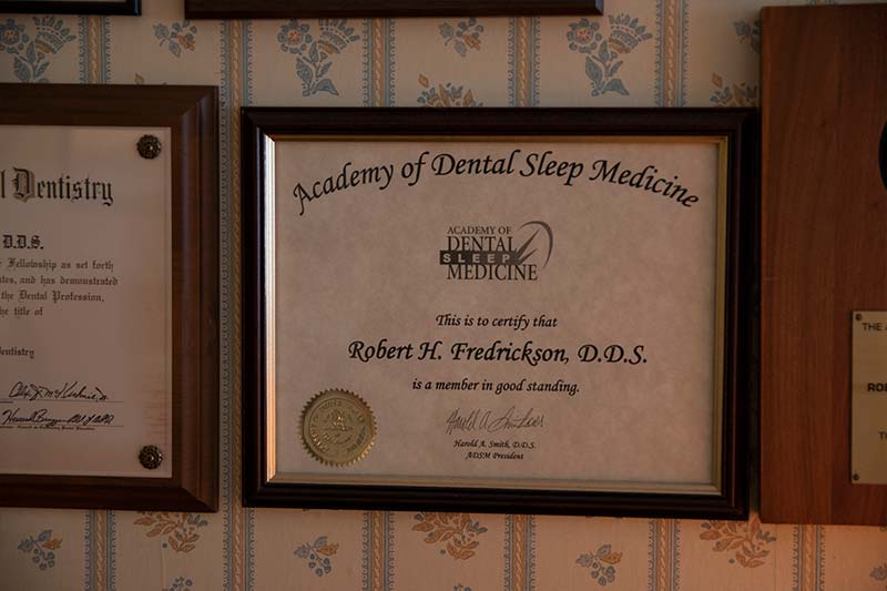 Academy of Dental Sleep Medicine certificate for Robert H. Fredrickson DDS